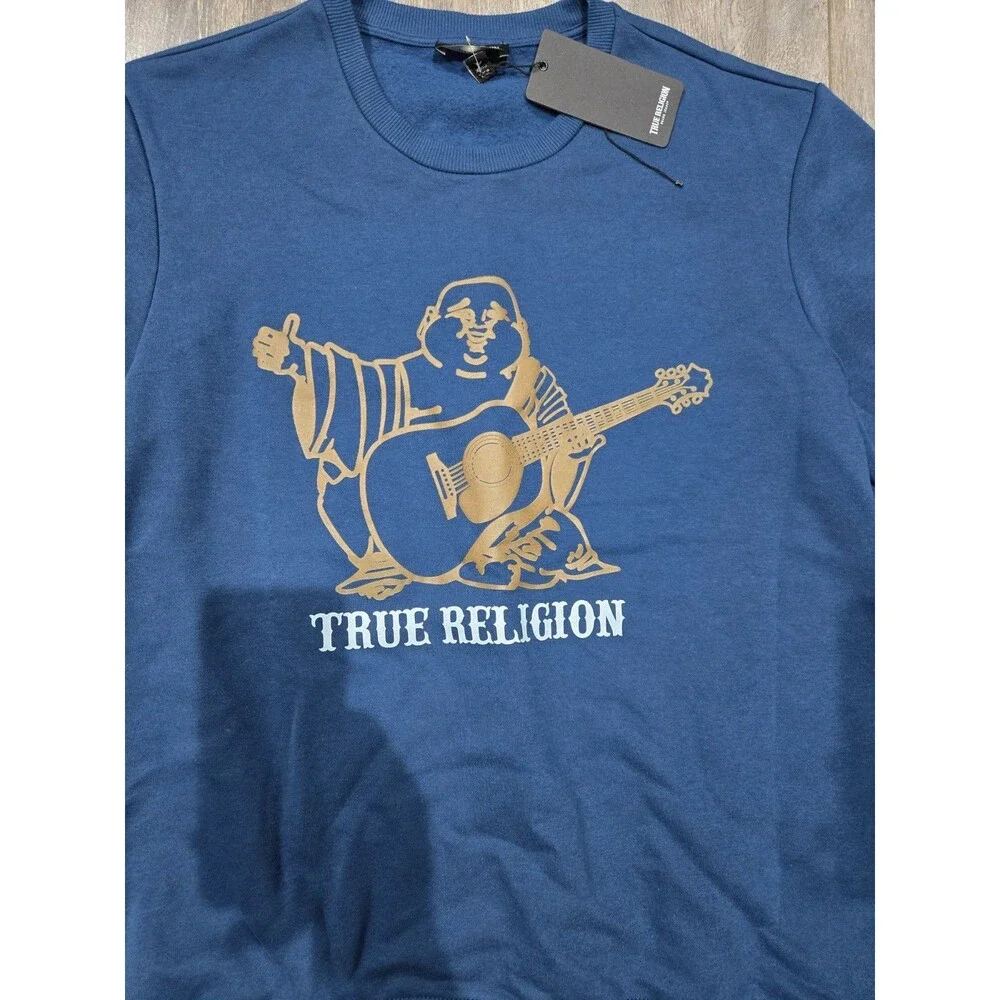 True Religion NWT Mens XL Blue Crewneck Sweatshirt Buddha Guitar Graphic
